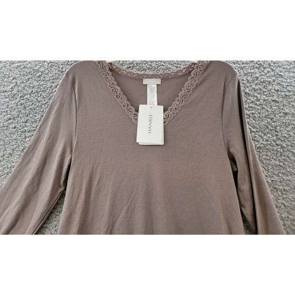 Hanro Moments Lace trim Nightgown Women's XS/2-4 Stonewash V-Neck Quarter Sleeve